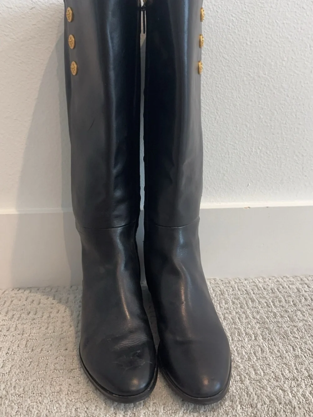 Tory Burch Naomi Black Leather Knee-High Riding Boots with Gold Button Detail